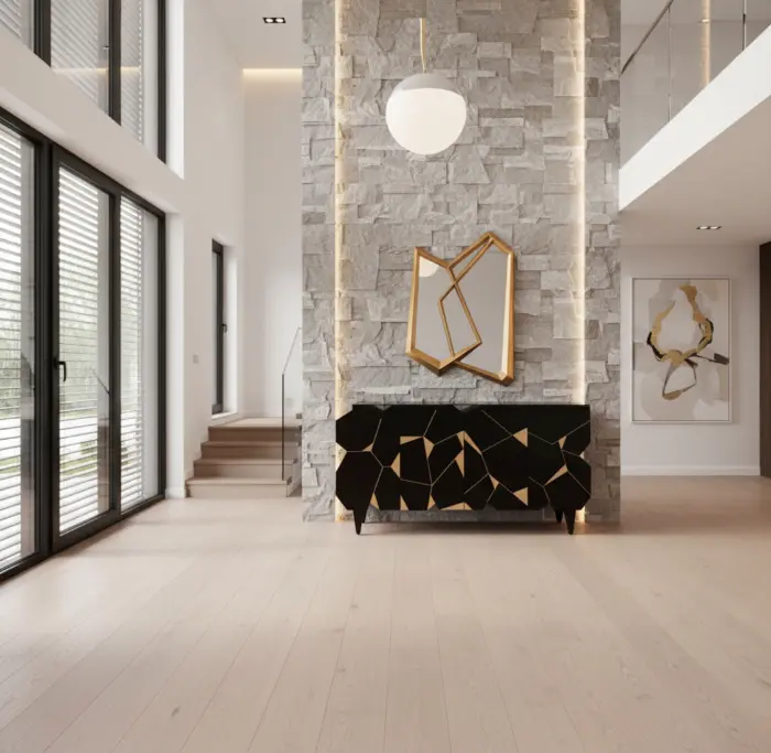 Contemporary entryway with geometric black console