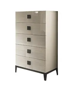 Beige dresser on dark wooden legs.