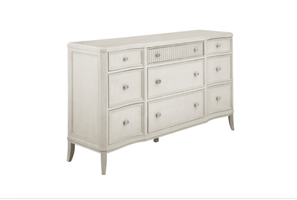 White wooden dresser with multiple drawers
