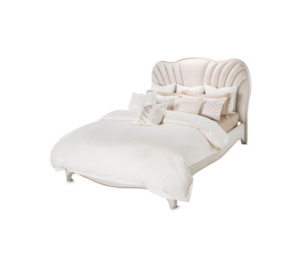 Stylish, modern bed with white bedding