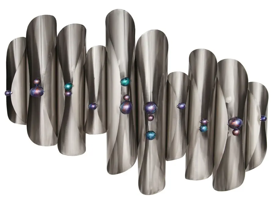 Abstract metallic wall sculpture with colorful spheres