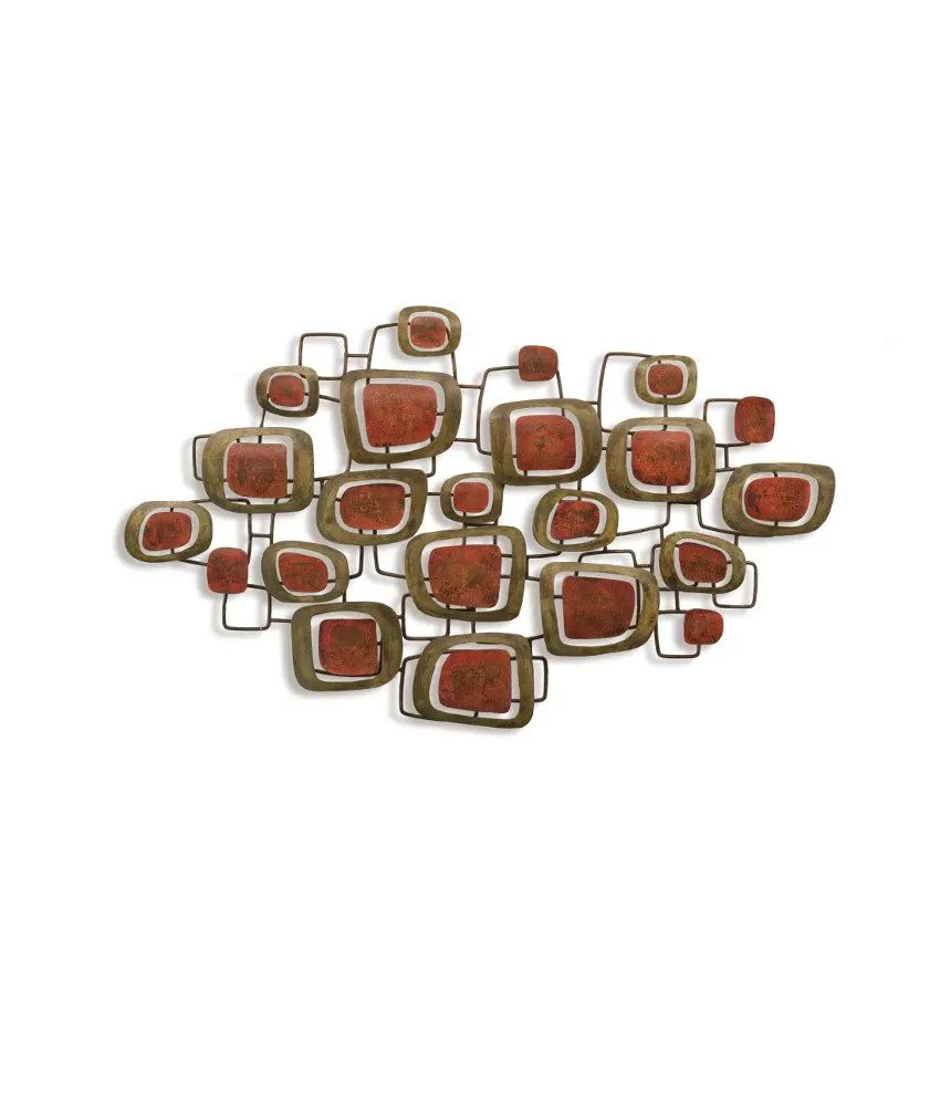 Abstract metal wall art with red squares