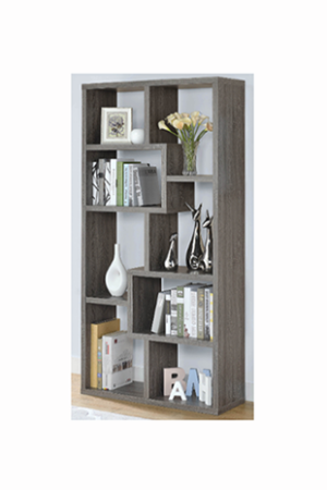 Stylish grey bookshelf with ornaments
