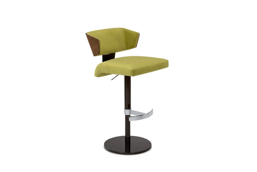 Contemporary stool with green backrest and seat.