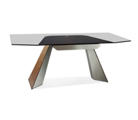 Modern glass-top table with geometric base