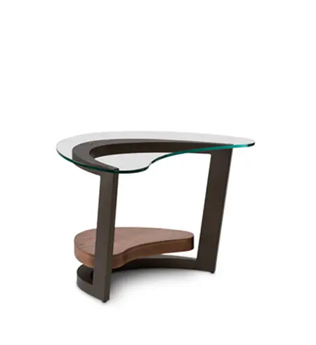 Stylish asymmetrical glass and wood table