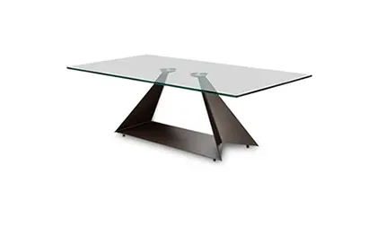 Modern glass-top table with geometric base