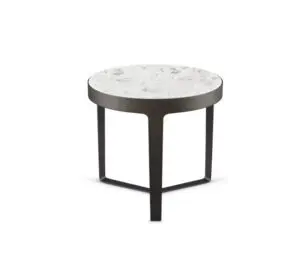 Round marble side table with metal legs.