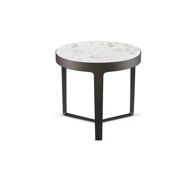 Round marble side table with metal legs.