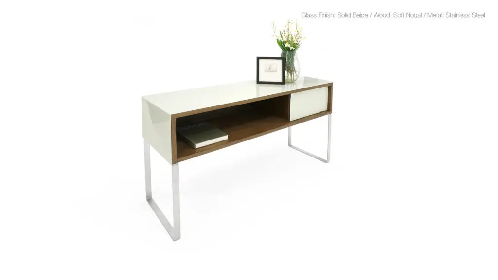 Contemporary desk featuring open storage space.