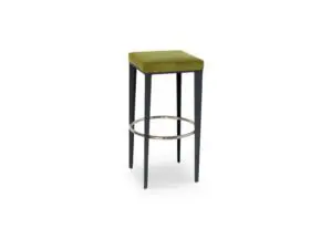 Modern bar stool with green seat.