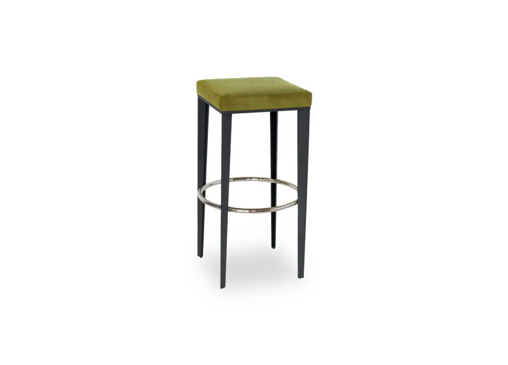 Modern bar stool with green seat.