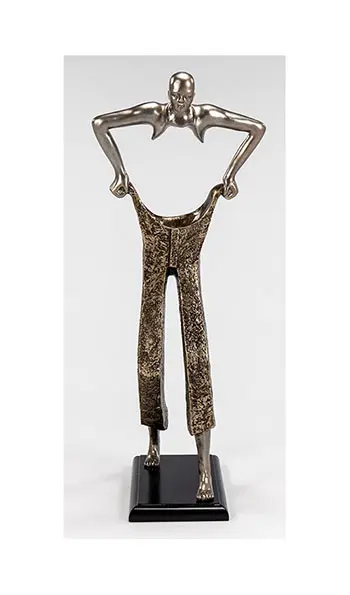 Modern statue holding oversized trousers