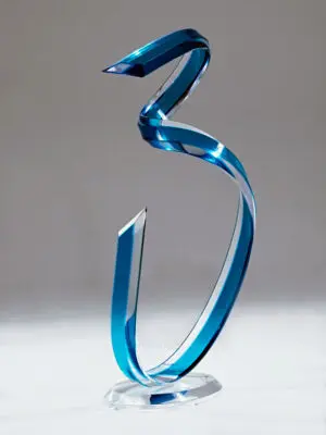 Elegant twisting glass sculpture in blue