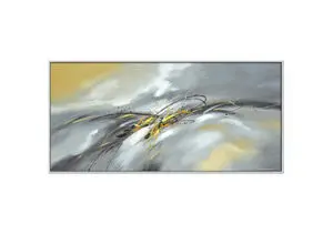 Dynamic brushstrokes in yellow and gray.