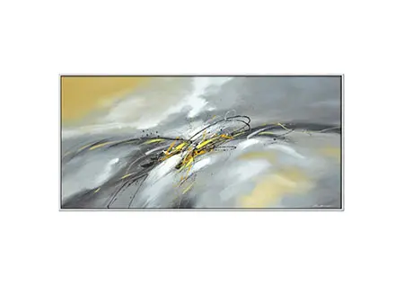 Dynamic brushstrokes in yellow and gray.
