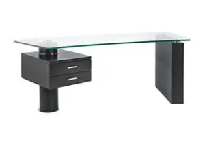 Glass-top desk with black drawers