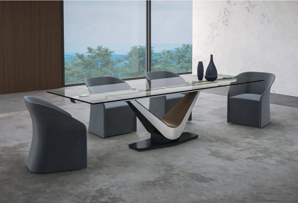 Modern dining room with glass table