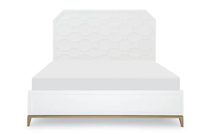 White bed with geometric headboard design