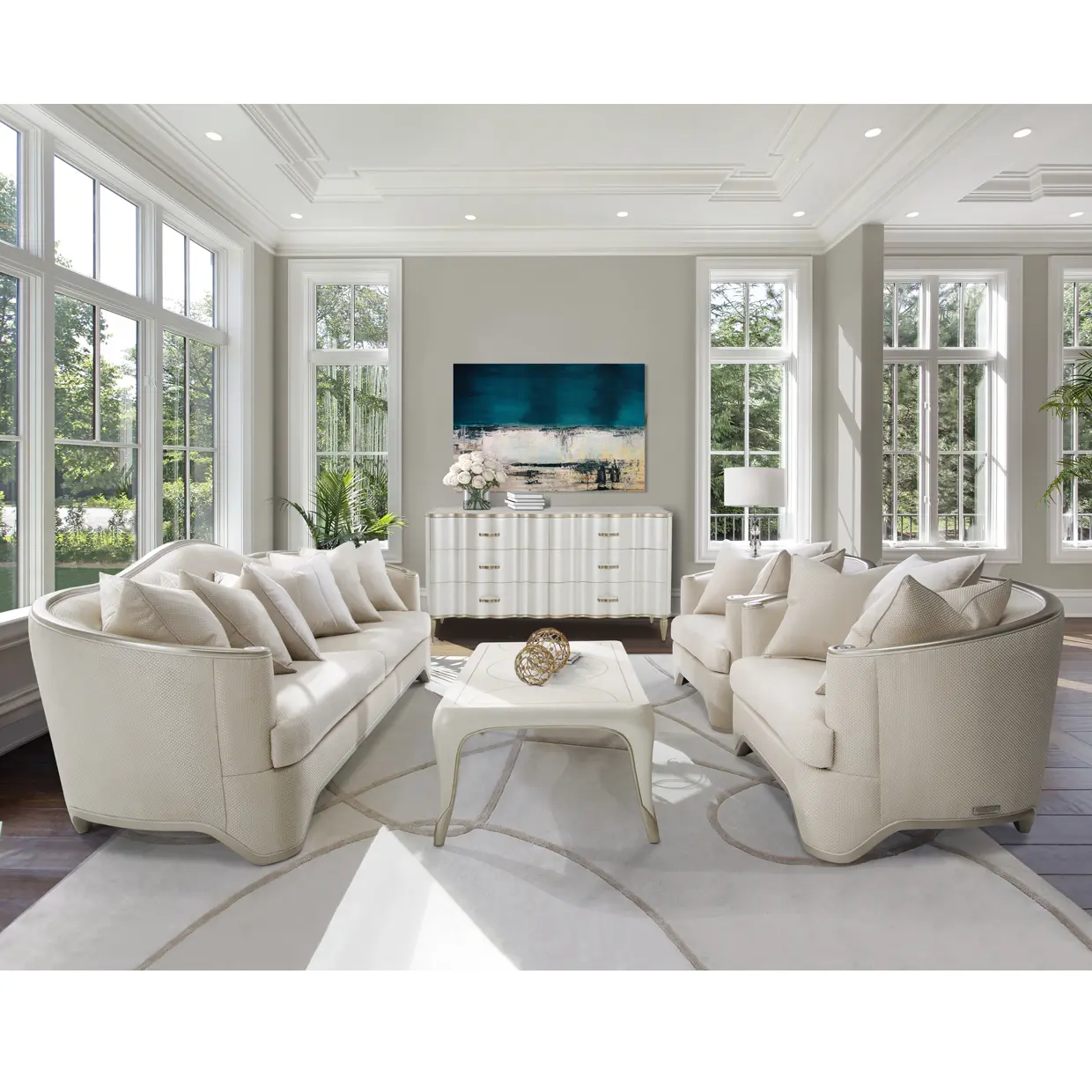 Sunlit living room with cream sofas, coffee table