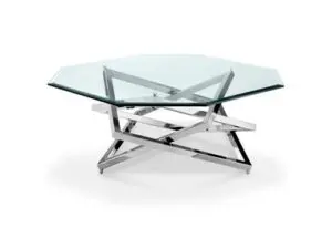 Modern glass table with angular metal legs