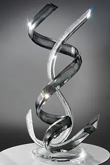 Twisting glass sculpture on display stand.