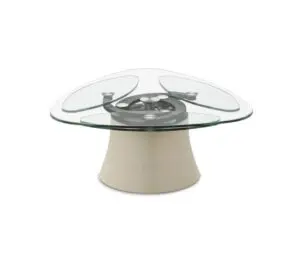 Stylish glass table with beige base.