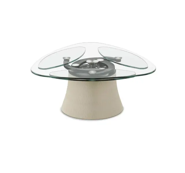 Stylish glass table with beige base.
