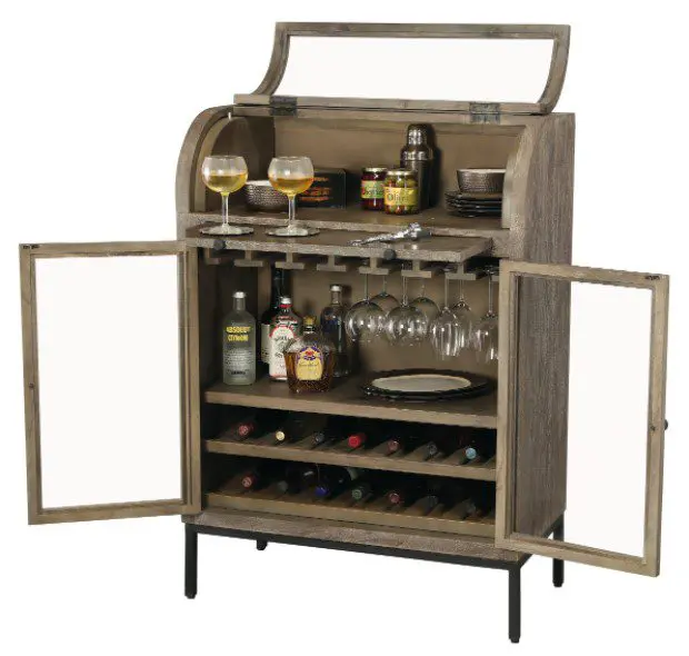 Wooden bar cabinet with open doors