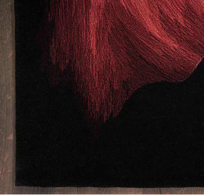 Dark rug with vibrant red patterns.