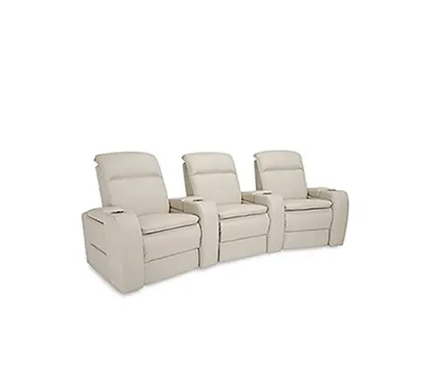 Three beige recliner chairs in a row