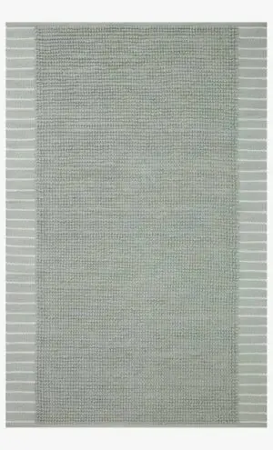 Gray textured area rug with striped edges.