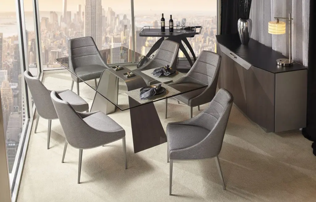Contemporary dining area, urban backdrop