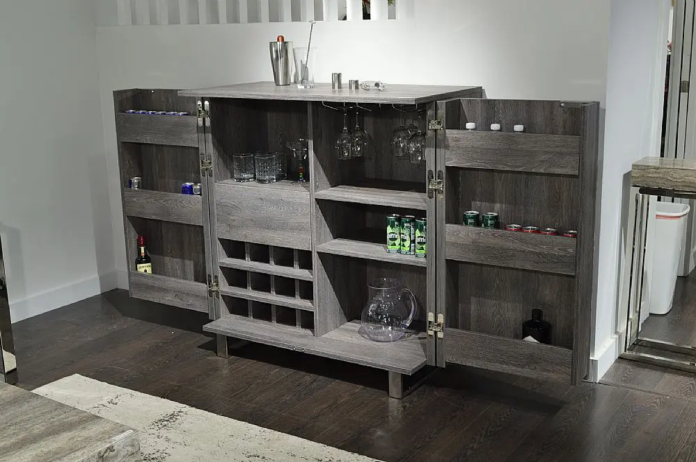 Rustic wooden bar cabinet with drinks