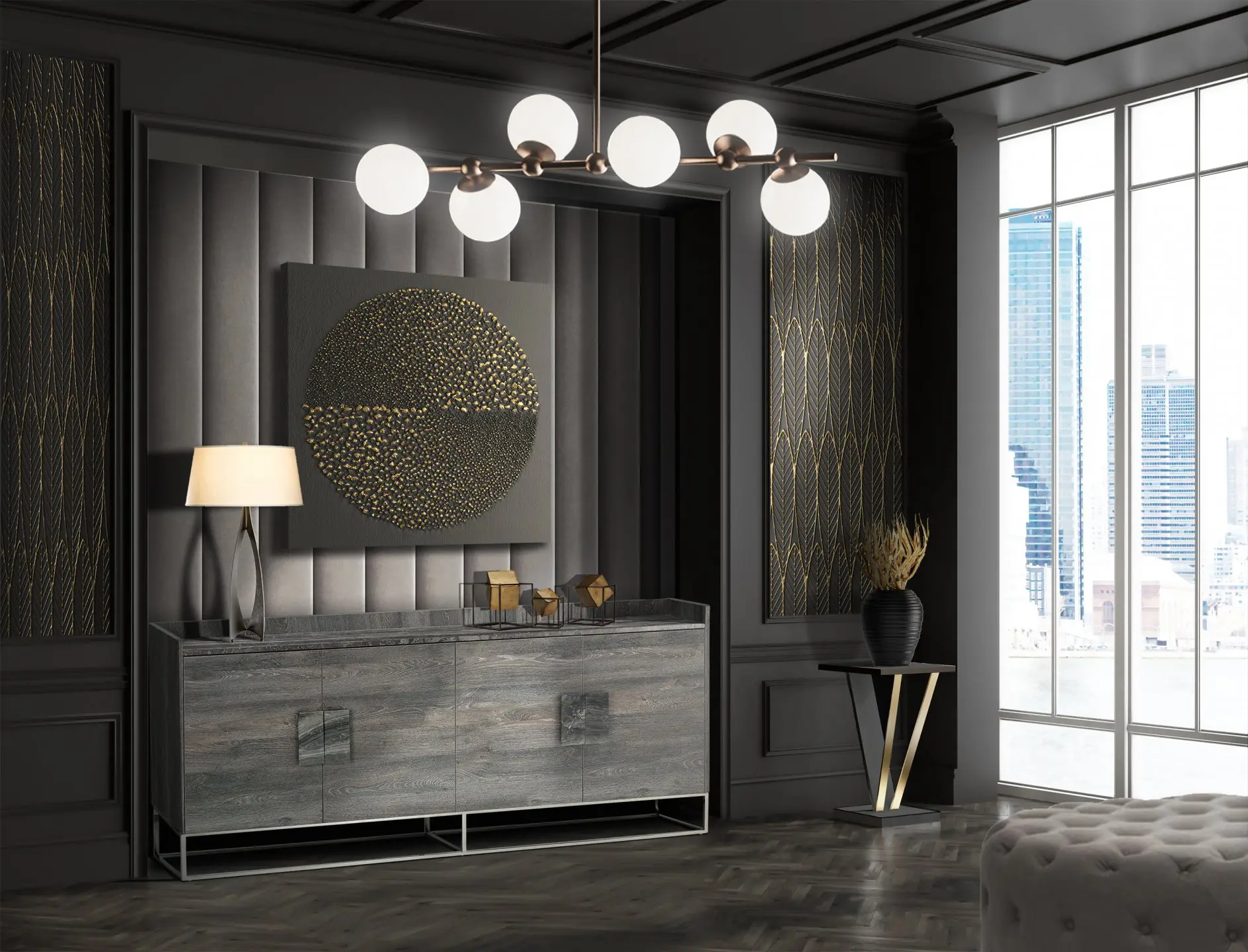 Dark modern entryway with sideboard and chandelier
