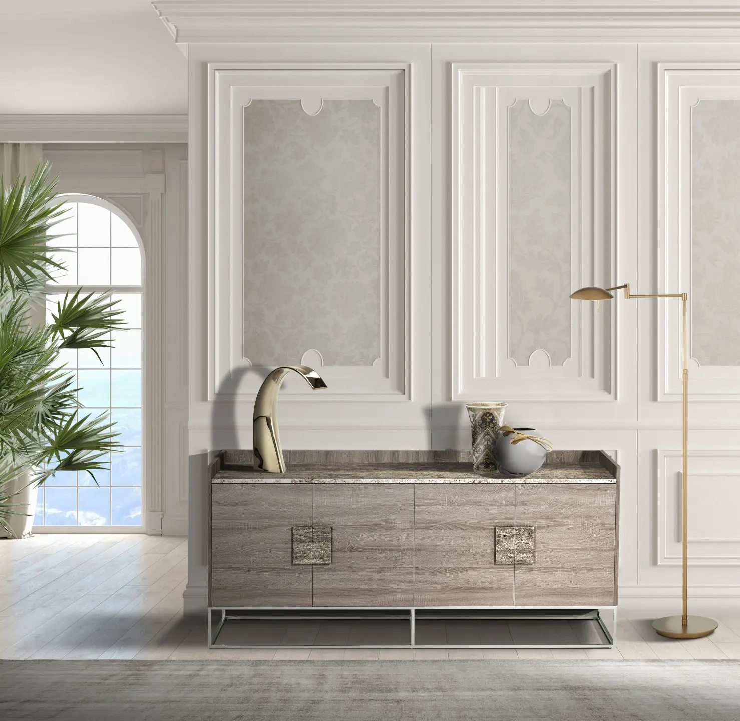 Elegant wood bathroom vanity with brass faucet