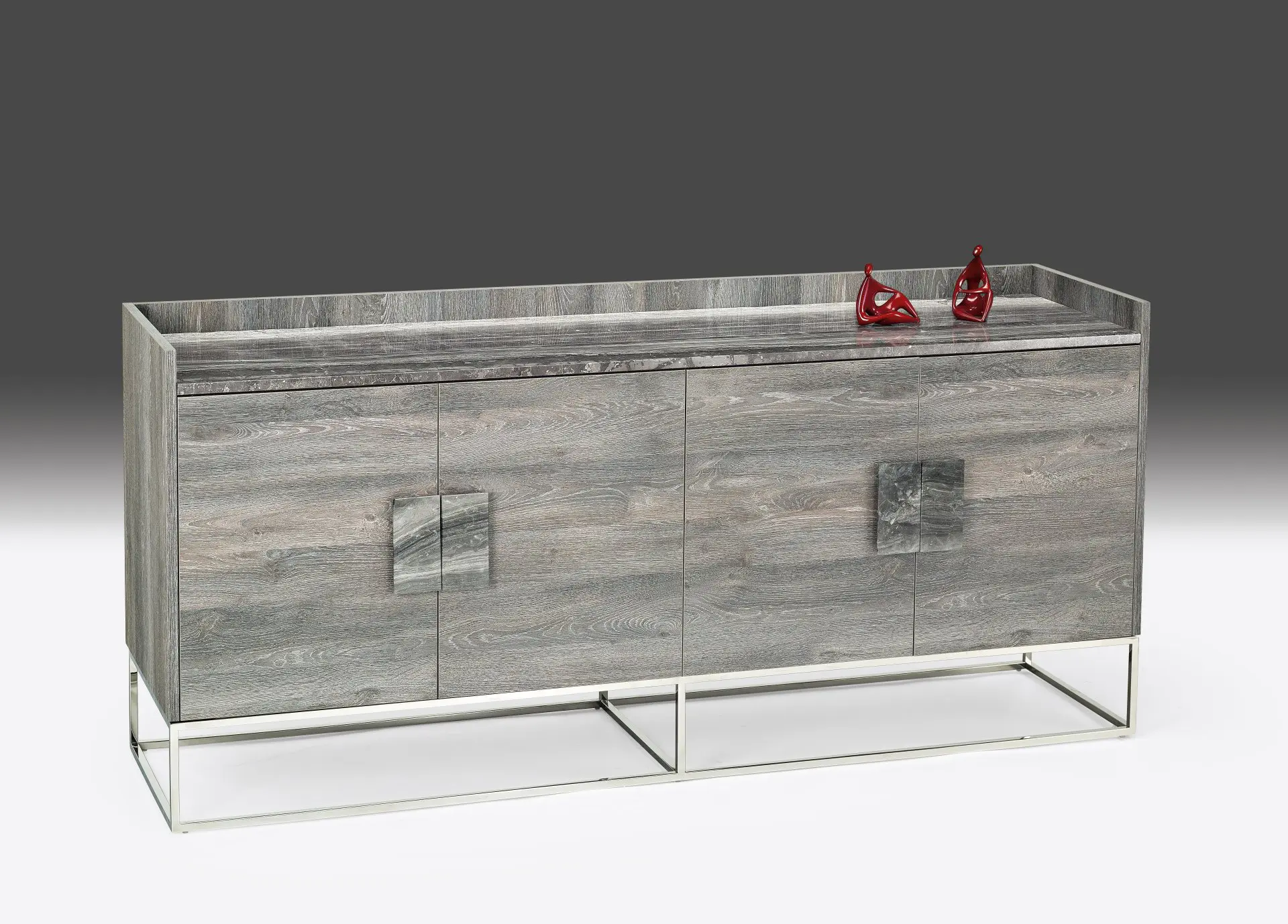 Modern gray wood sideboard with red decor