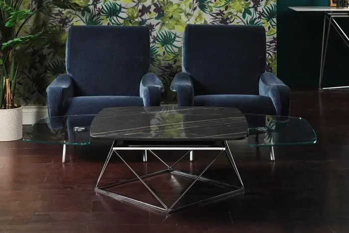 Contemporary seating area with geometric table.
