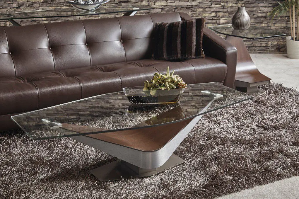 Modern living room with glass coffee table