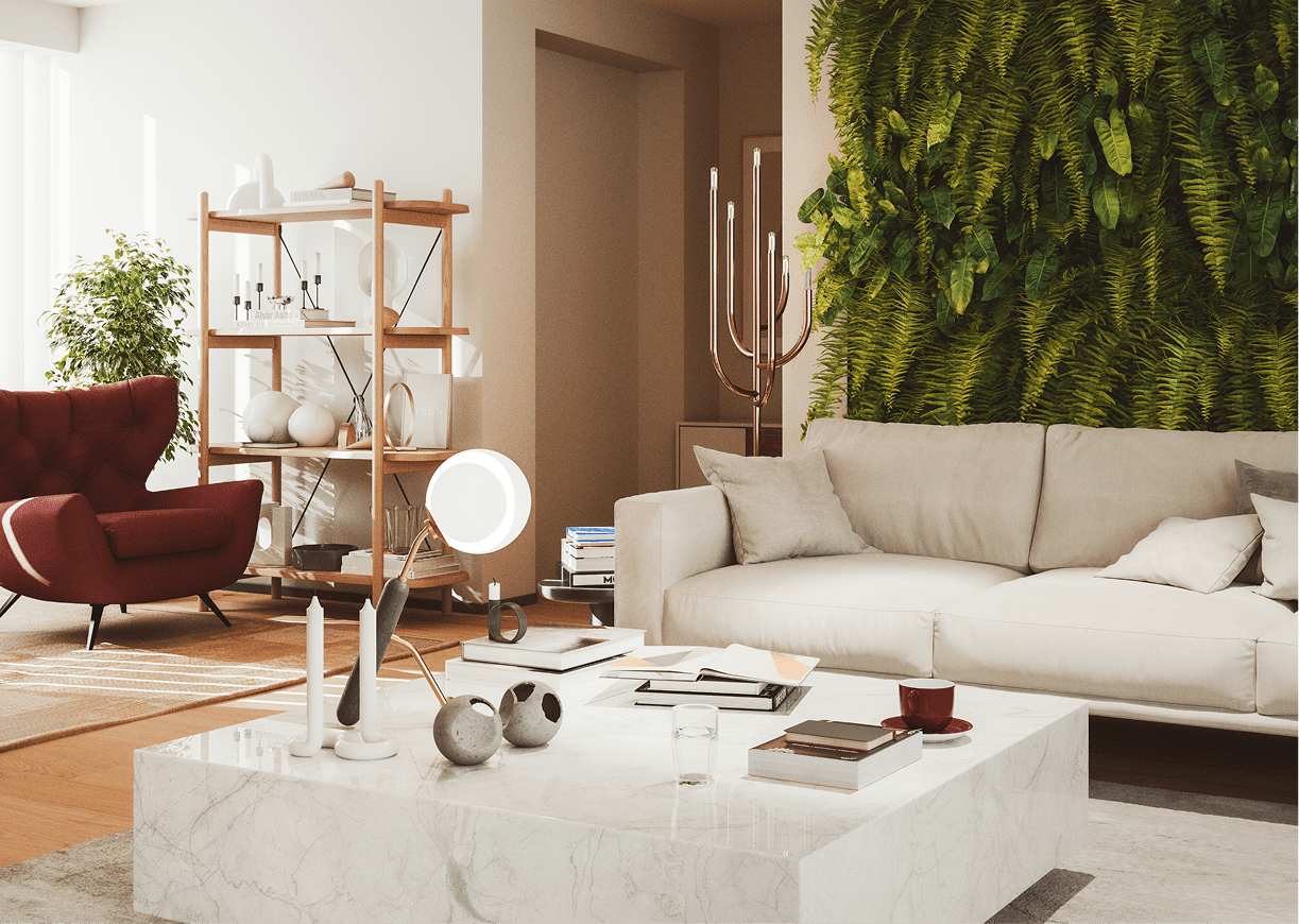 Modern living room with green wall