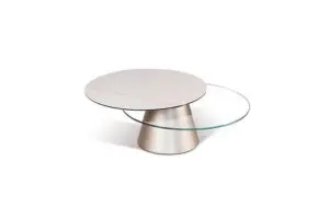 Stylish round table featuring glass and metal.