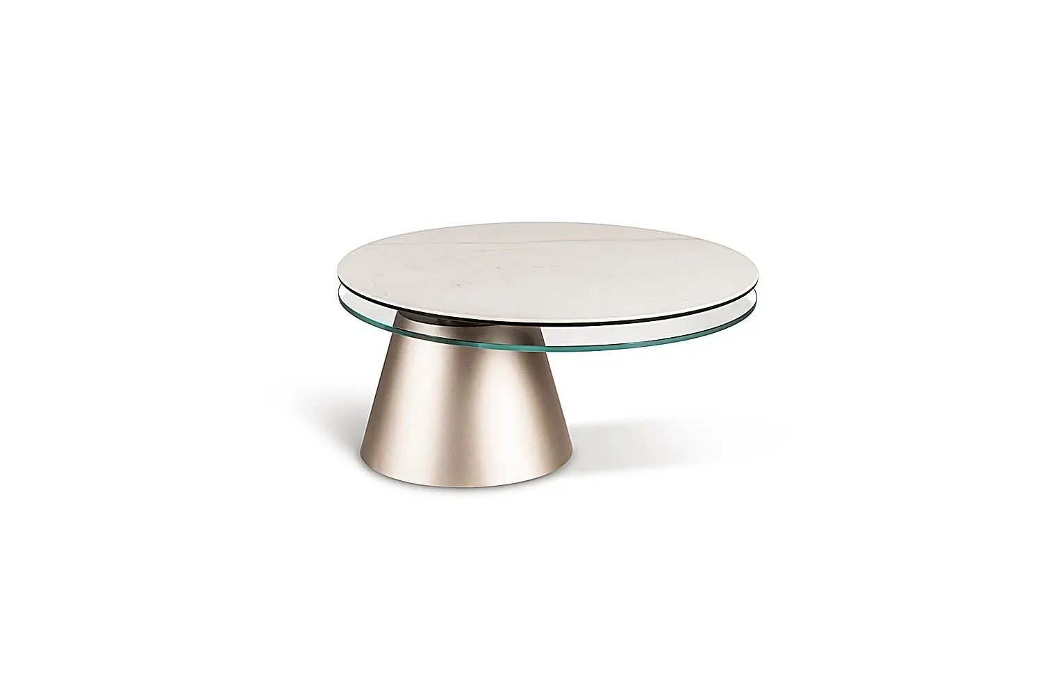 Modern round coffee table with glass top.