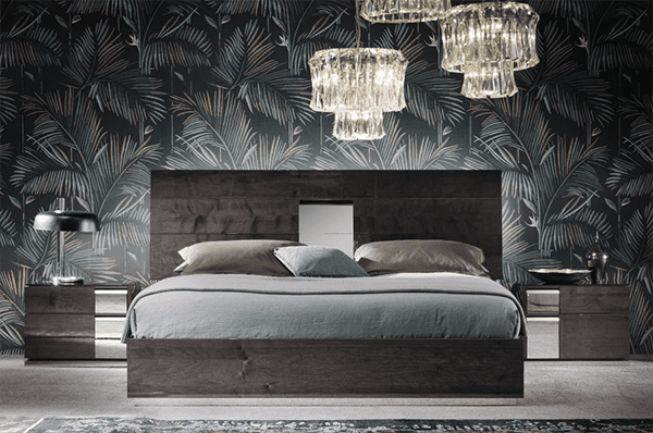 Elegant bedroom with chandelier lighting