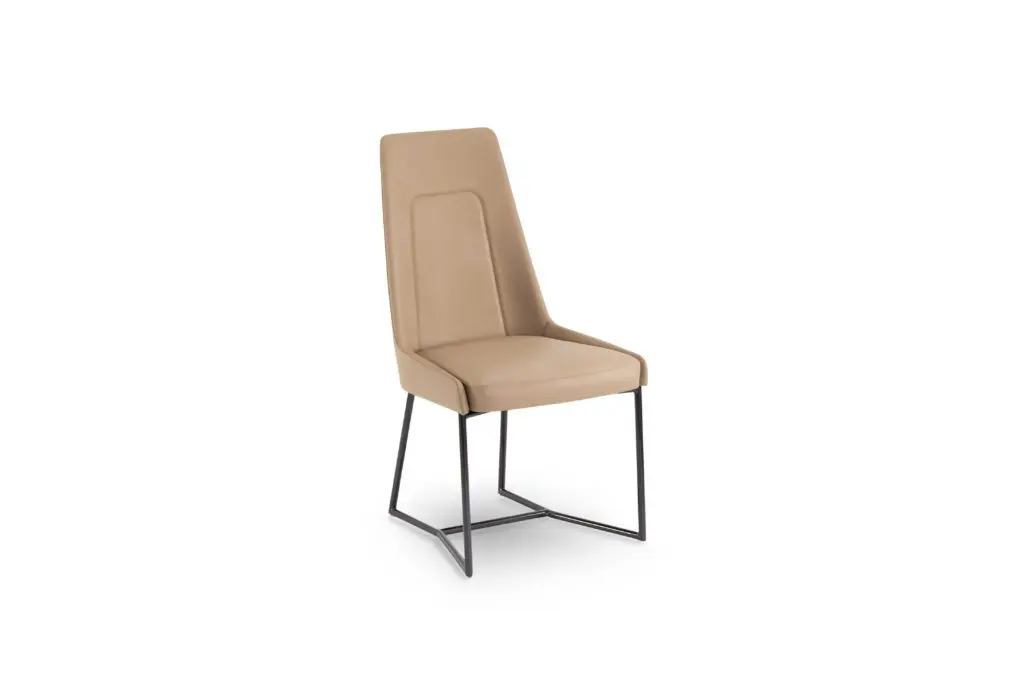 Tan upholstered chair with sleek frame