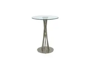 Round glass table on sleek metal stand.