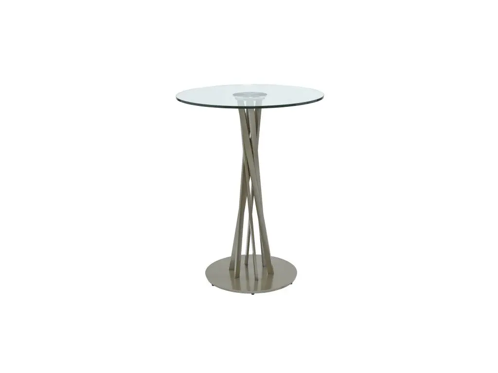 Round glass table on sleek metal stand.