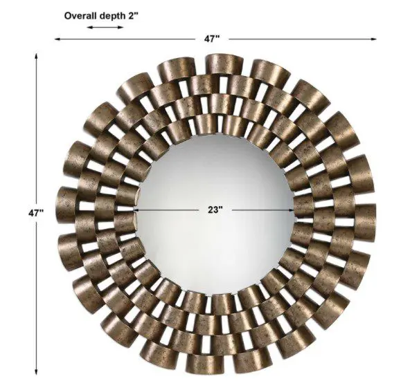 Circular mirror with bronze accents and dimensions