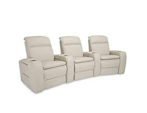 Three beige leather theater recliner seats