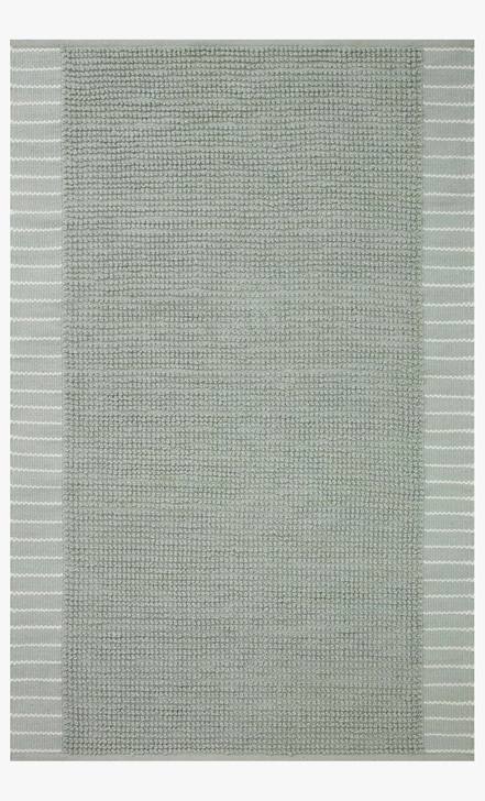Gray textured area rug with striped edges.